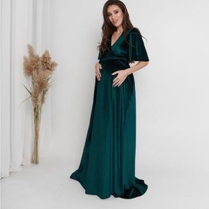 Emerald velvet maternity dress maxi flutter sleeve. Custom gown.